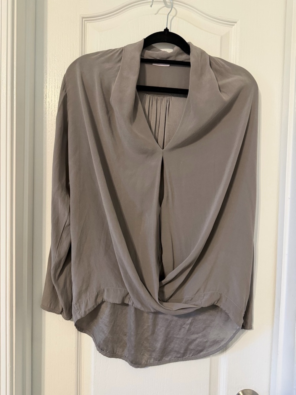 Rossopuro Silk Blend Draped Cowl Neck Blouse in Taupe Grey S